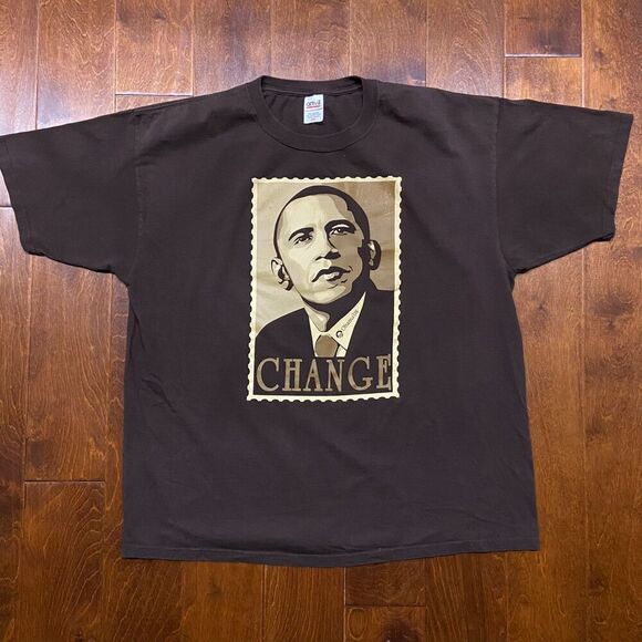 Anvil Vintage Barack Obama Change Stamp Logo Brown Cotton Shirt Men's Size XXL - Picture 3 of 8